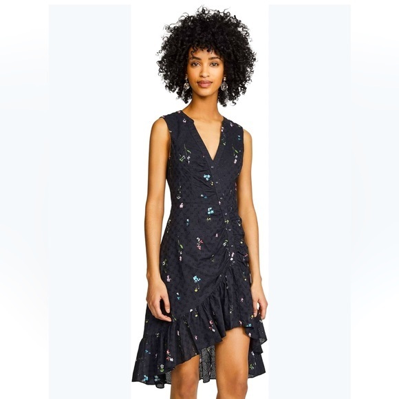 Parker Candy Ruched Floral Embroidered High Low Dress In Black Gigi 8 - Picture 1 of 16